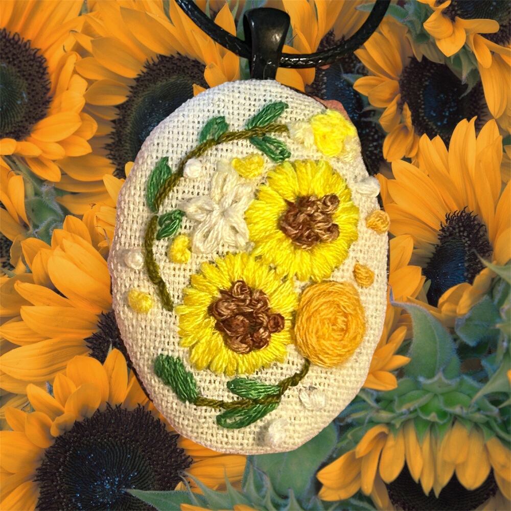Bright Sunflowers Floral Embroidery Necklace - Handmade Pendant